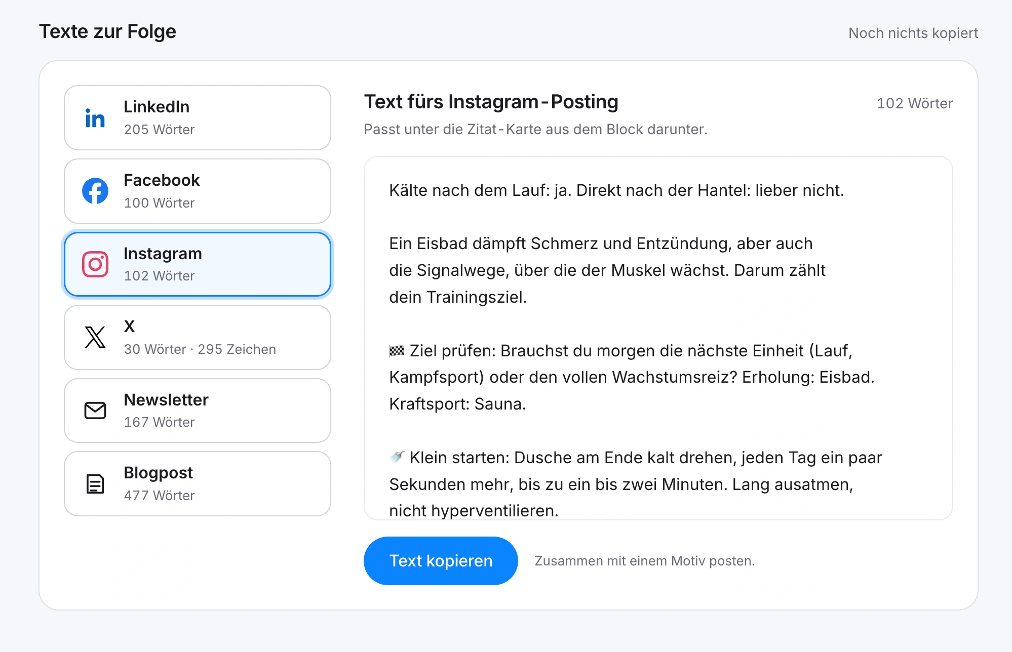 Sebastians Dashboard: Texte zur Folge 03 mit sechs Kanälen und Kopierfunktion